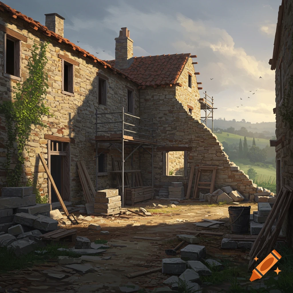 An old stone house, partially demolished and under construction, stands in a rural landscape under a dramatic sky, with scaffolding and building debris around it.