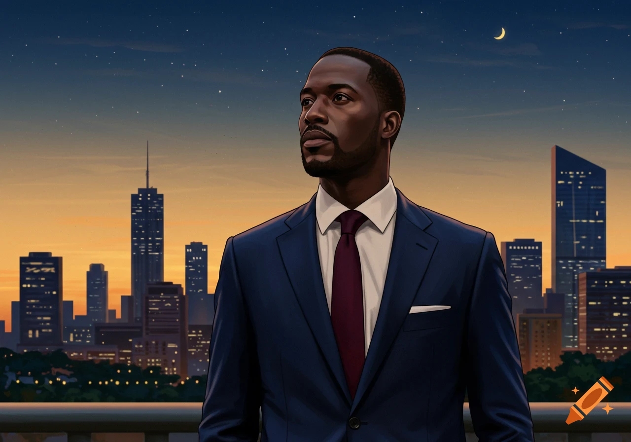 Illustrated portrait of a man in a suit looking over a city skyline at dusk, with a crescent moon.