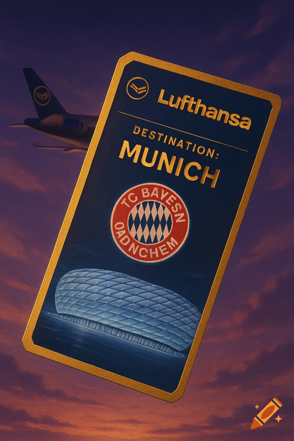 A stylized dark blue and gold Lufthansa ticket to Munich, featuring the Bayern Munich logo, an airplane, and a stadium against a sunset sky.