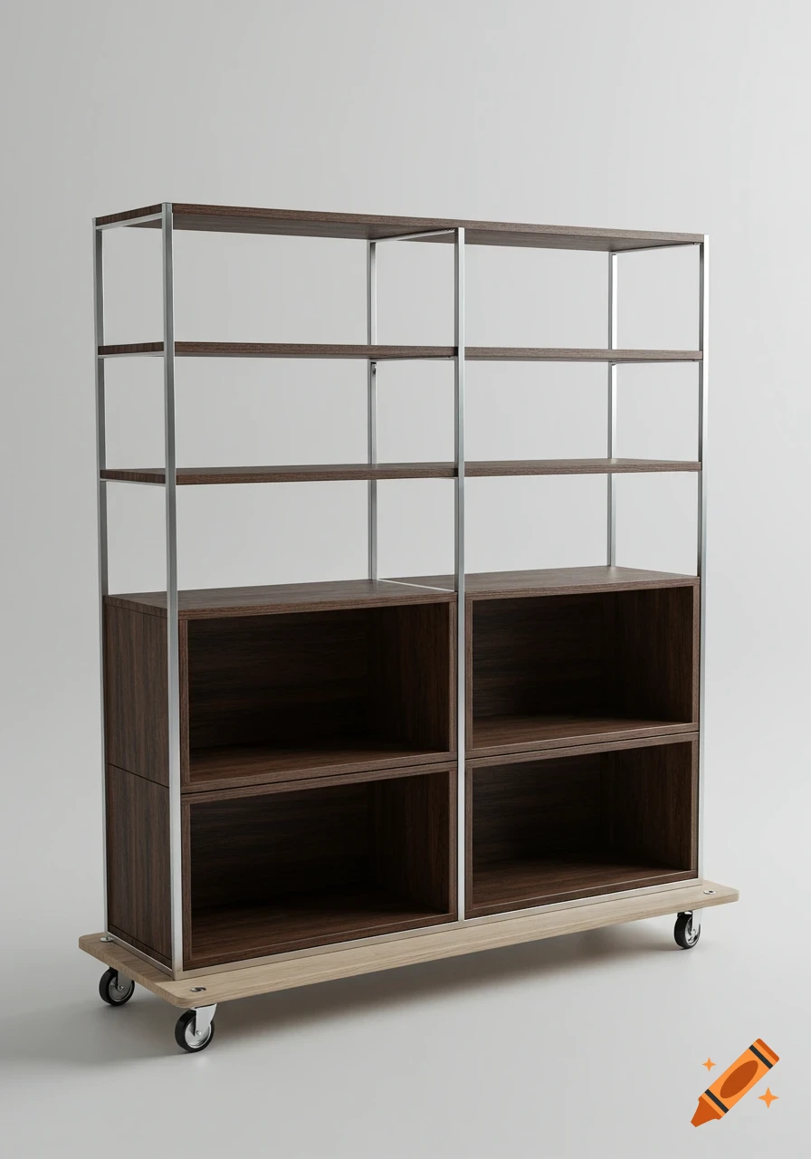 Modern dark wood and metal shelving unit on wheels against a light background.