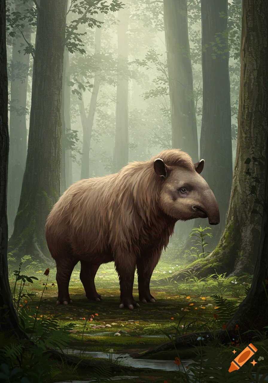 A shaggy, brown, mammoth-like tapir stands in a misty, lush forest with tall trees and green undergrowth.