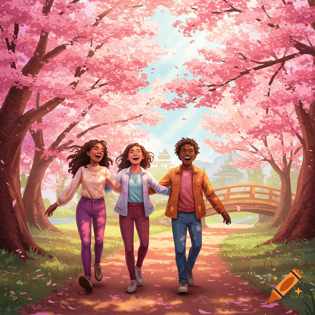 An illustration of three smiling friends walking arm-in-arm under vibrant pink cherry blossom trees, with a bridge in the background.