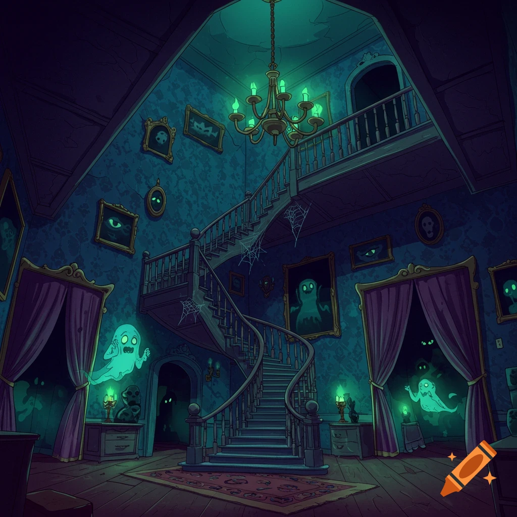 A cartoon haunted mansion interior with a grand staircase, glowing green ghosts, and spooky decor.
