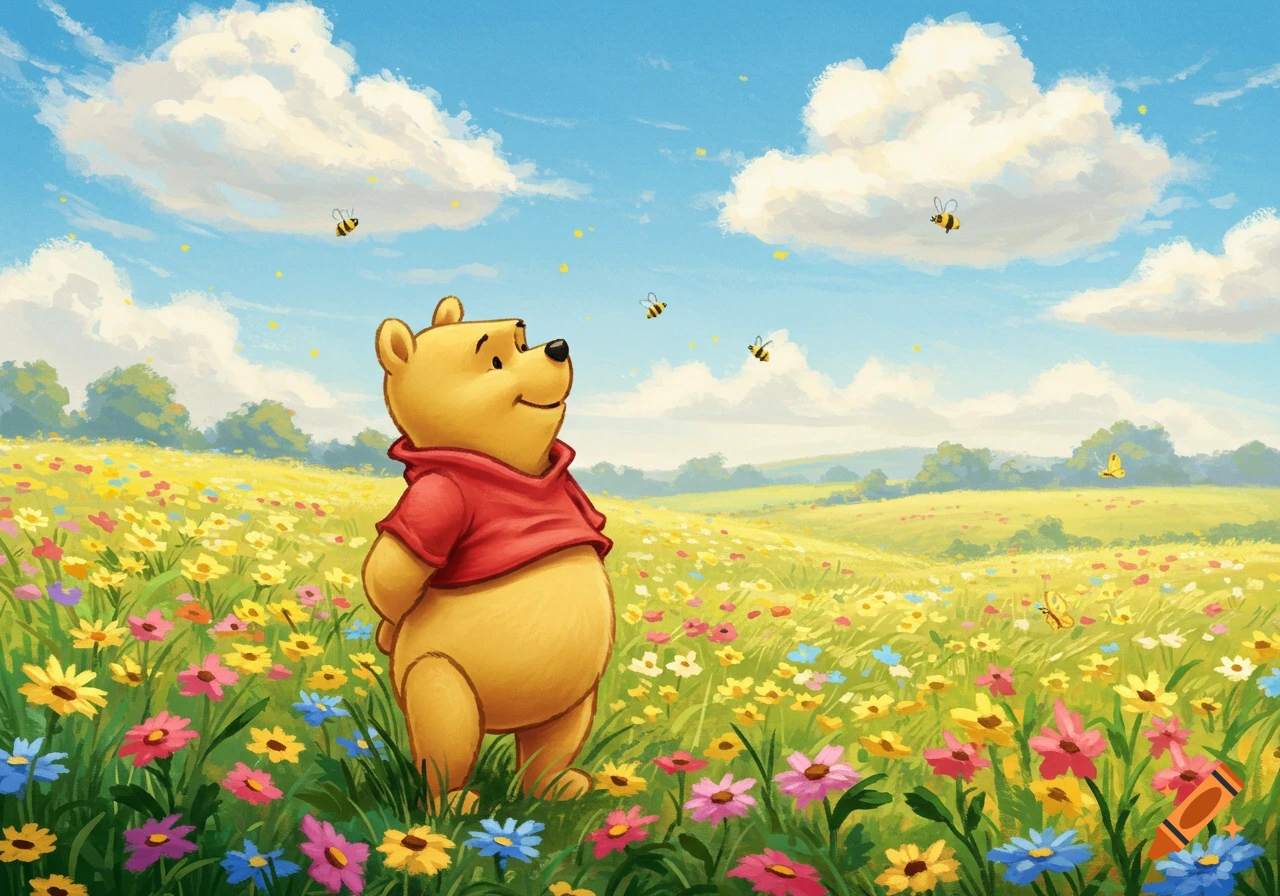 Cartoon Winnie the Pooh in a bright flower field under a blue sky, looking up at flying bees.