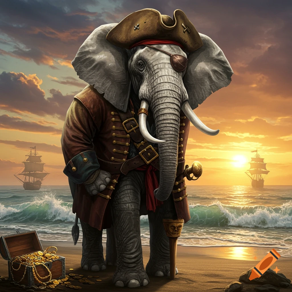 A photorealistic elephant pirate in full regalia stands on a beach at sunset, with a treasure chest of gold and two pirate ships in the background.