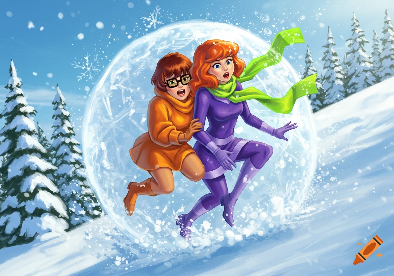 Cartoon of Velma and Daphne from Scooby-Doo, inside a giant ice ball, rolling down a snowy mountain with pine trees.