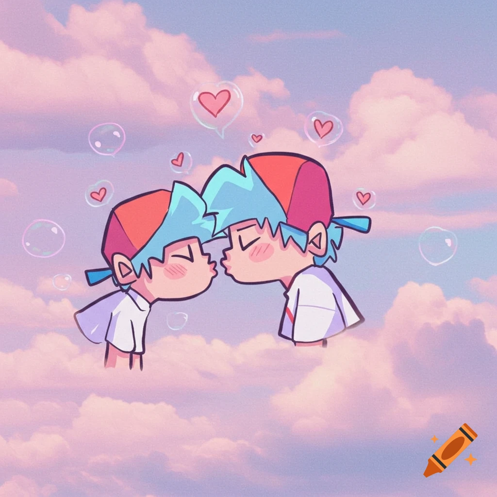 Two cartoon boys with blue hair and red caps kiss in a pink cloud sky with hearts and bubbles, in an anime style.