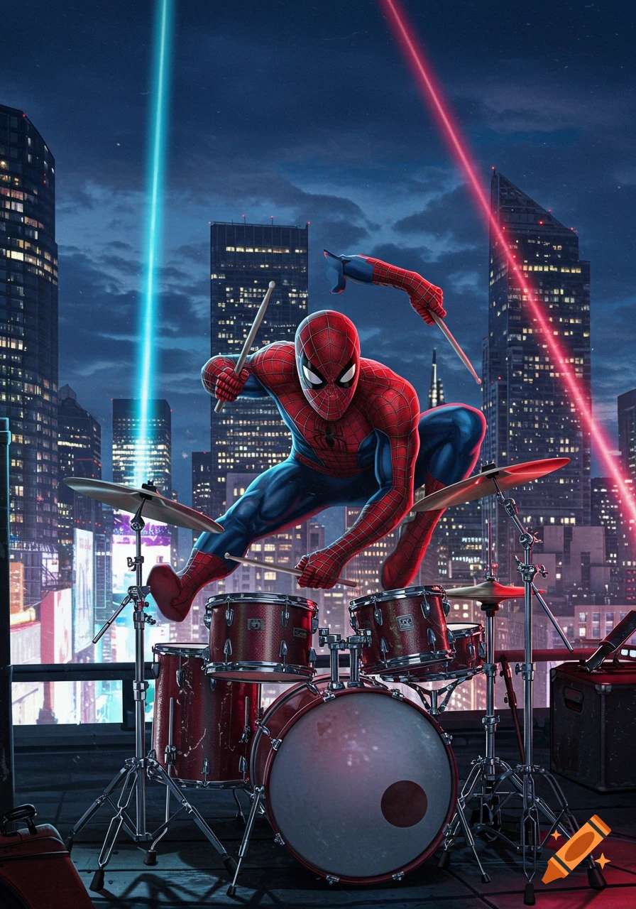 Spider-Man dramatically plays a red drum kit on a city rooftop at night with blue and red light beams.
