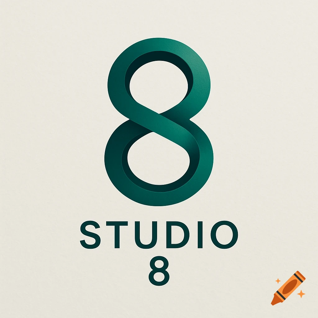 A dark teal green stylized 3D number 8 above the text "STUDIO 8" on a textured light background.