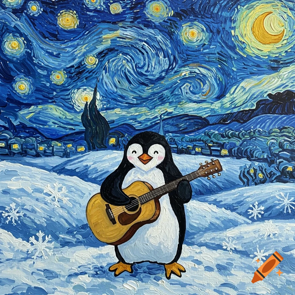 A happy penguin plays an acoustic guitar in a snowy landscape under a swirling, starry night sky in Van Gogh's style.