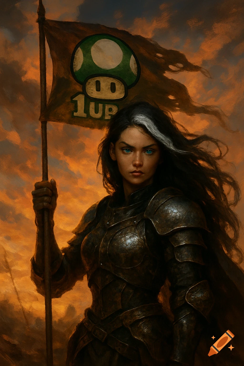 Painterly image of a female warrior in dark armor holding a '1UP' flag against an orange sky. She has dark hair with a white streak and blue eyes.