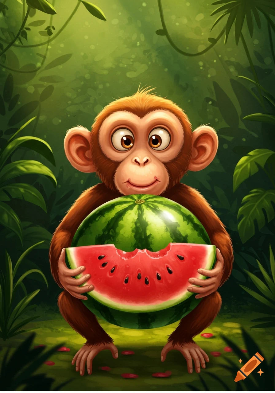 A cute cartoon monkey with big eyes holds a large, bitten watermelon in a lush jungle.
