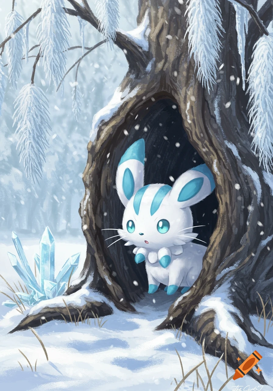 A professionally illustrated white, blue-striped rabbit-like Pokémon peeking from a snowy tree hollow in a winter forest with ice crystals.