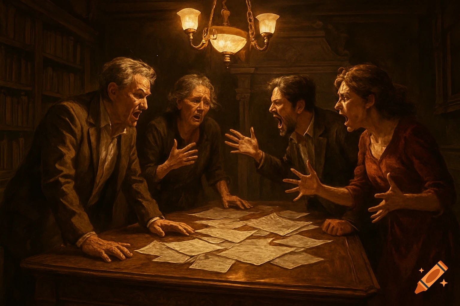 A dramatic painting of four people (two men, two women) fiercely arguing around a table laden with papers in a dimly lit room.