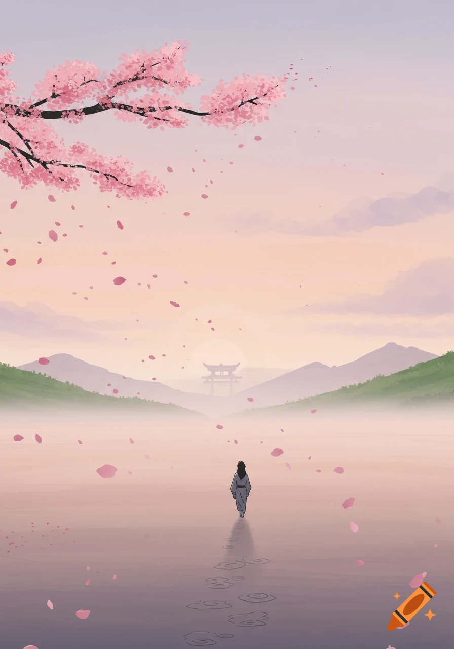 Illustrated serene East Asian landscape with a person walking on misty water, cherry blossoms, distant mountains, and a pagoda.