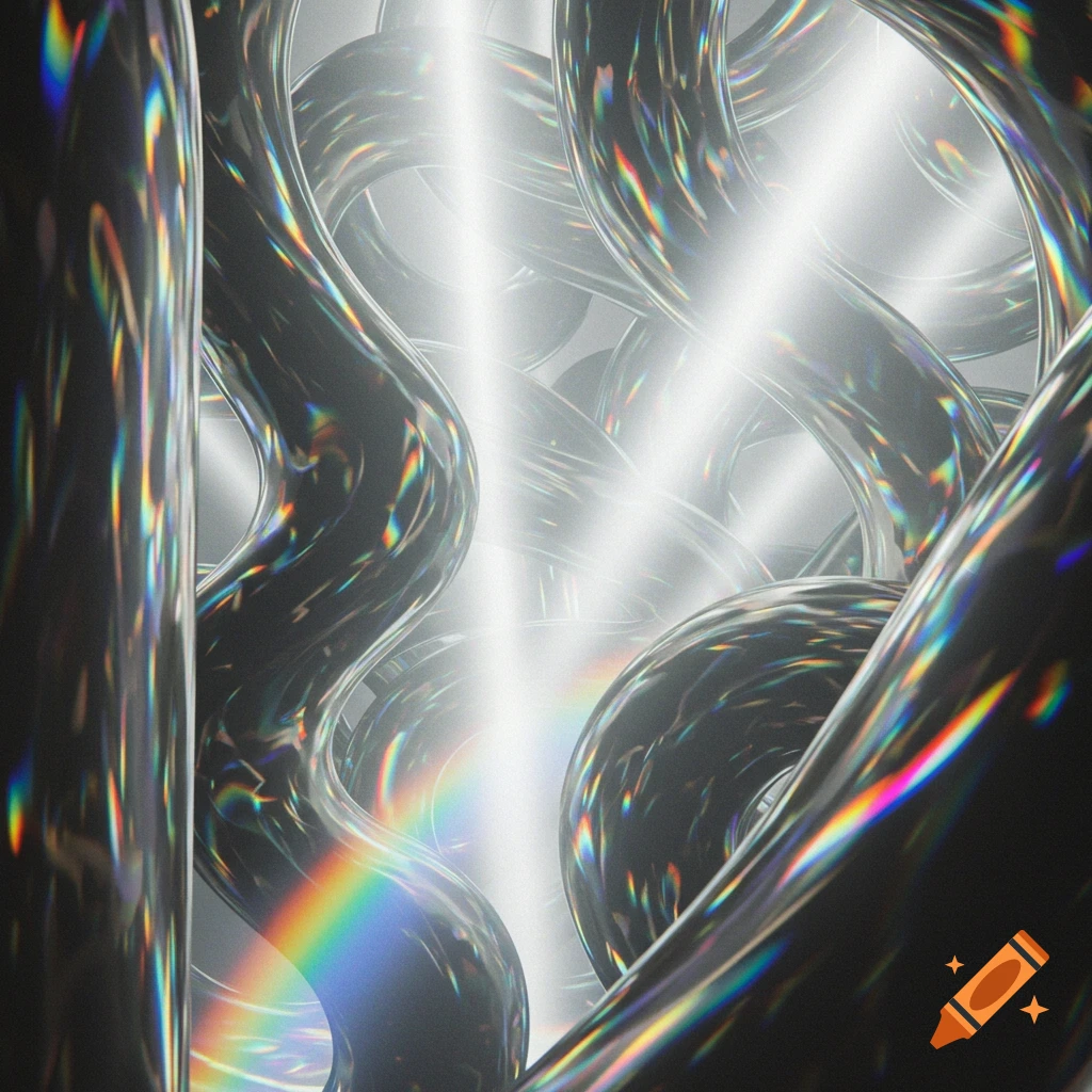 Abstract image of twisting, dark metallic tubes with bright light and rainbow refractions.