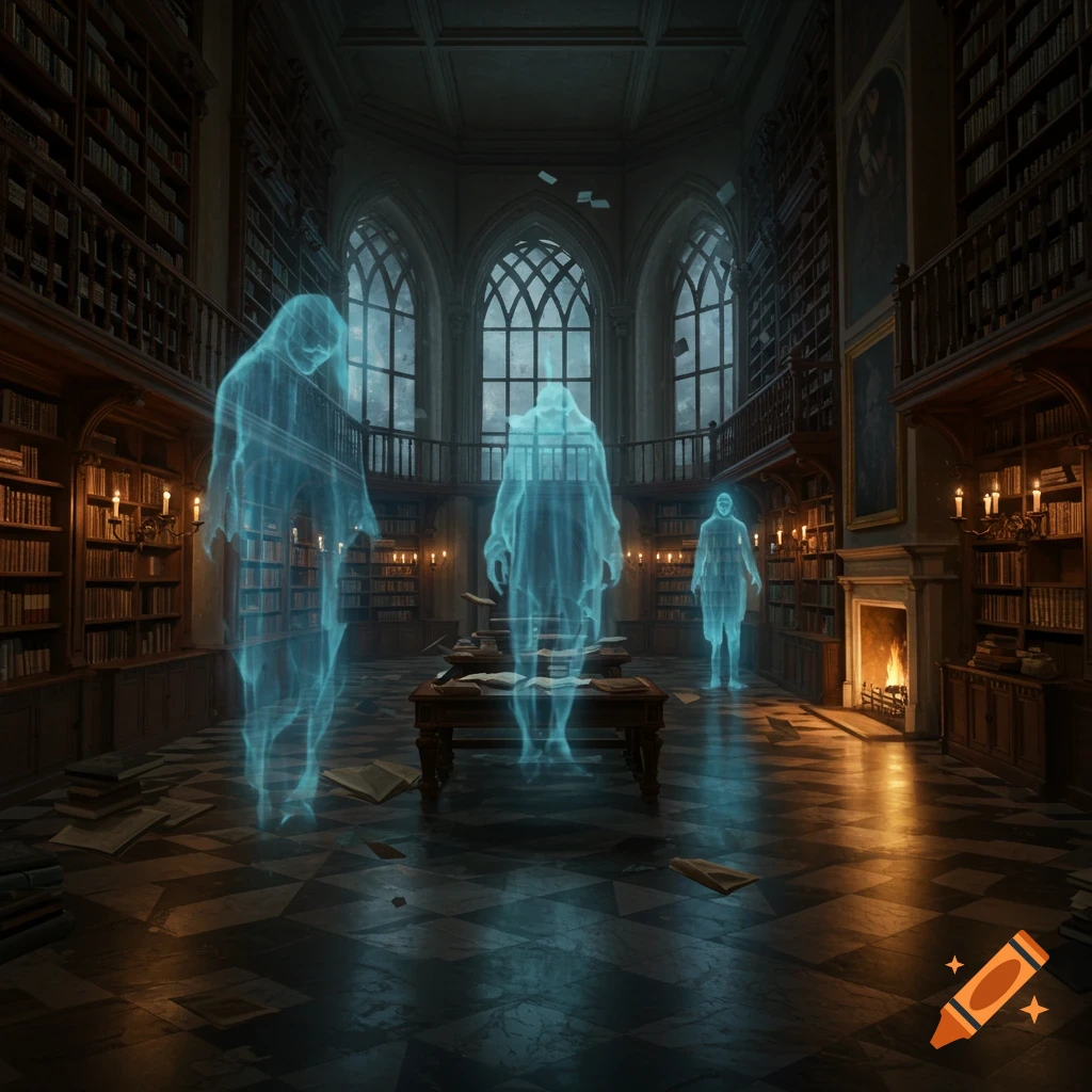 Three glowing blue ghosts float in an ancient, candlelit library with tall bookshelves, arched windows, and a checkered floor.