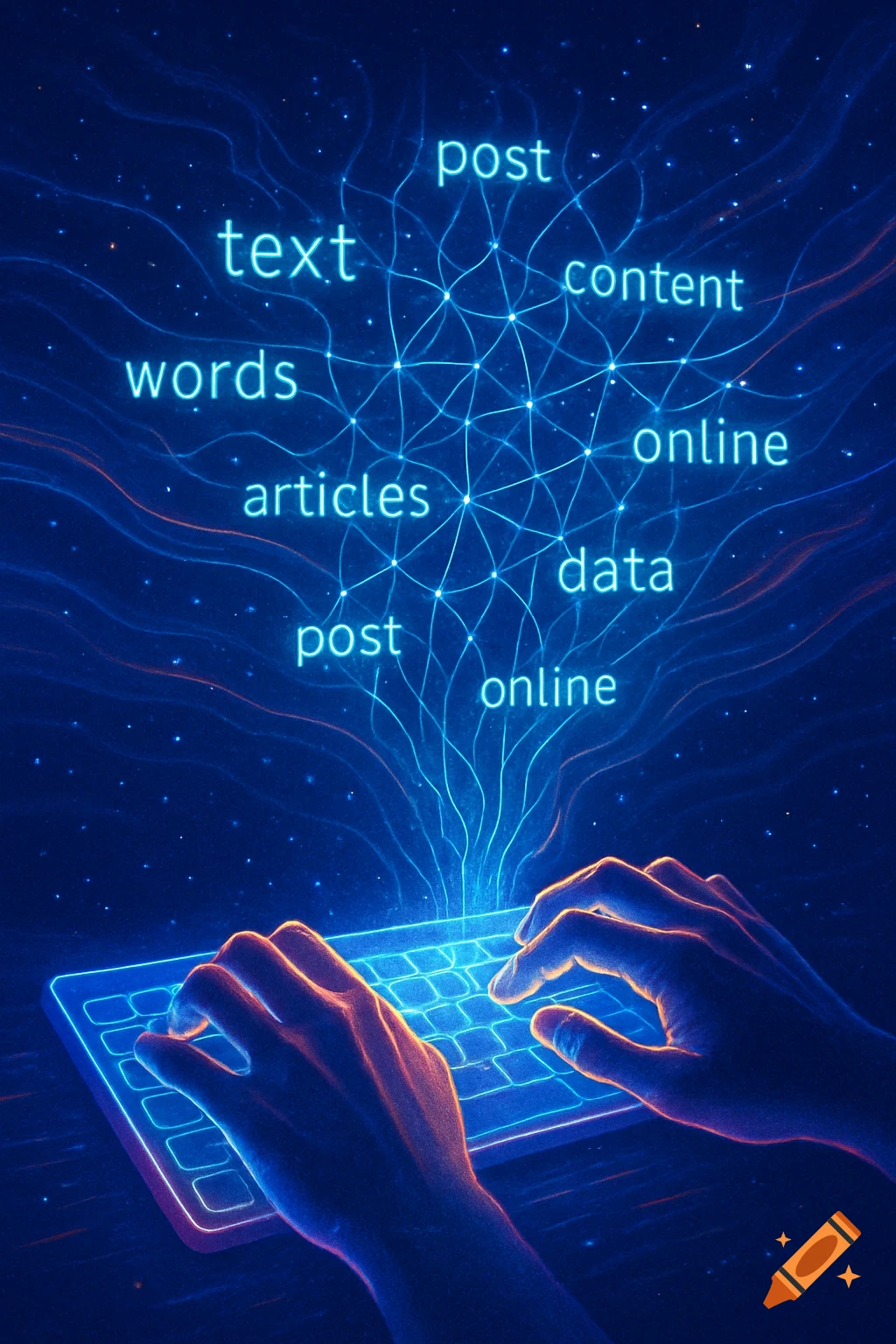 Hands type on a glowing keyboard, emitting words like 'text', 'post', and 'online' connected by a digital network in a blue space.