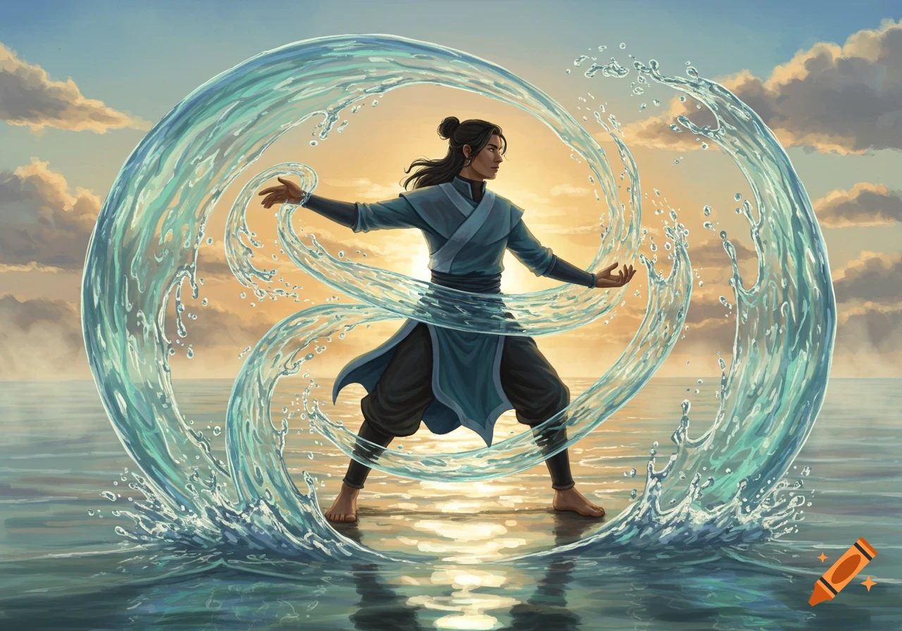 A person in a blue tunic stands in the ocean, dynamically bending water into a swirling vortex around them under a vibrant sky.