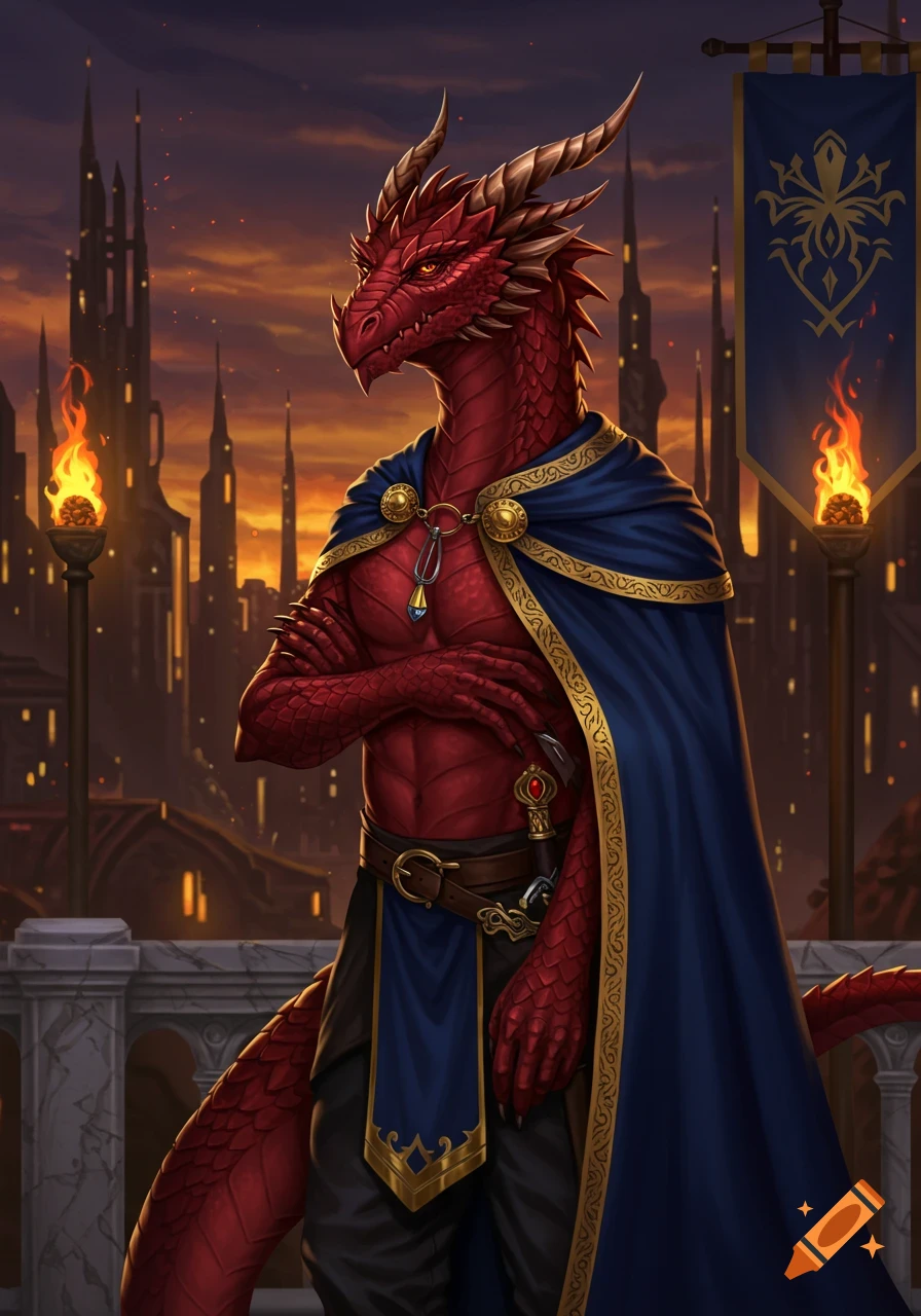A red dragonborn prince in a blue cape with gold trim stands on a balcony overlooking a fantasy city at sunset, digital art.