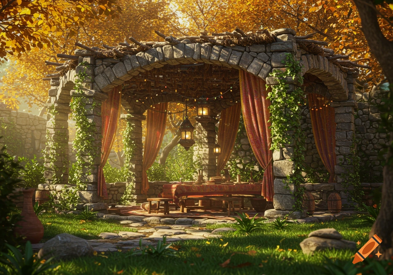 A stone Sukkah-like structure with red drapes, string lights, and a festive table, set in a sunny garden with golden autumn trees.