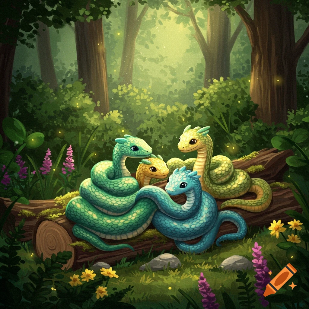 Four cute, colorful snakes on a mossy log in a magical forest clearing with glowing fireflies and flowers, in a whimsical illustration style.