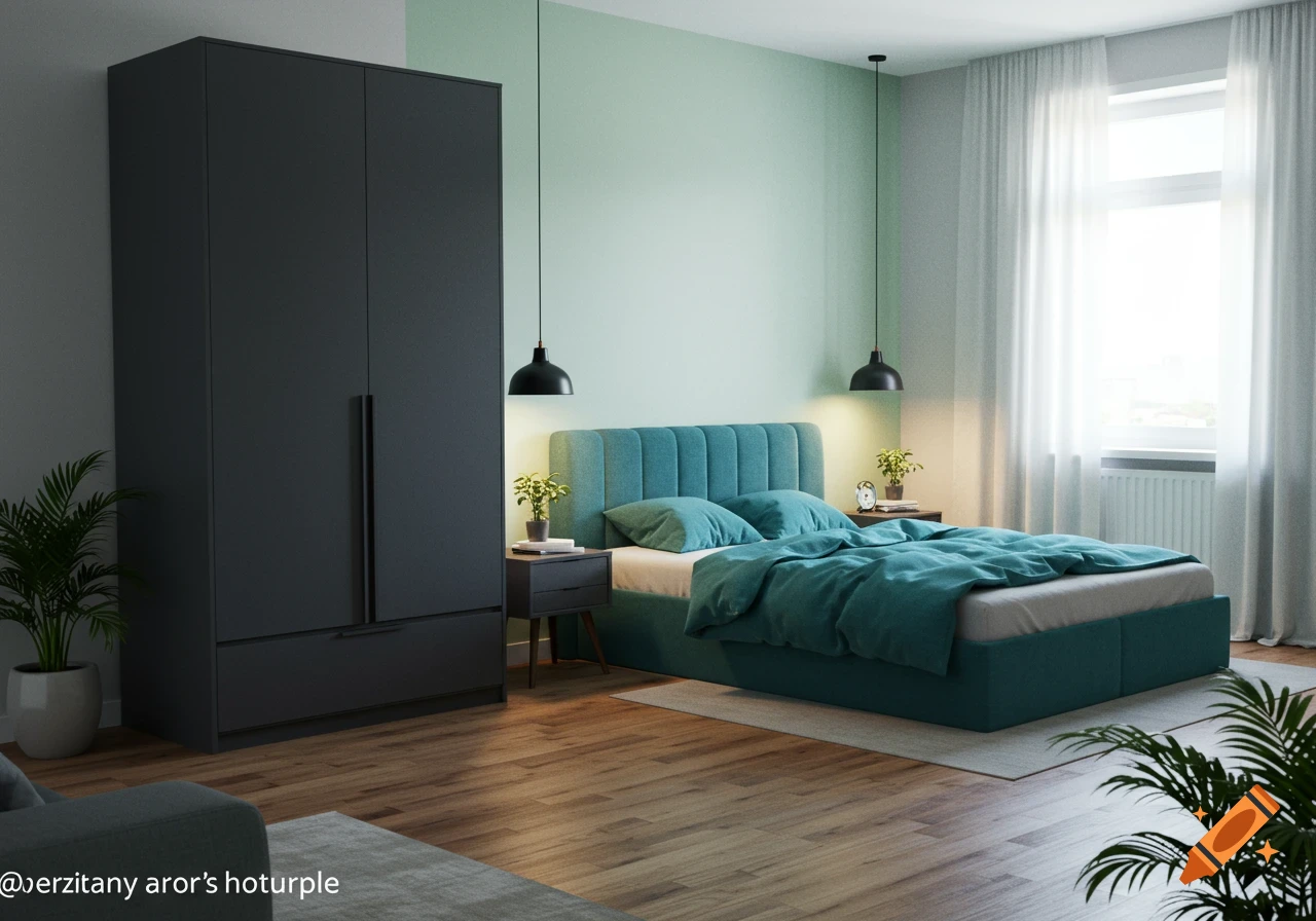 A photorealistic image of a modern bedroom with a dark gray wardrobe, a teal bed, a light green accent wall, and wooden floors.