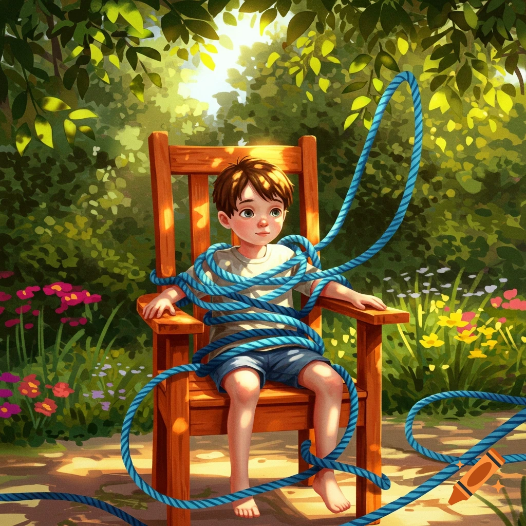 Illustrative painting of a young boy tied to a wooden chair with a blue rope in a vibrant, sunlit garden.