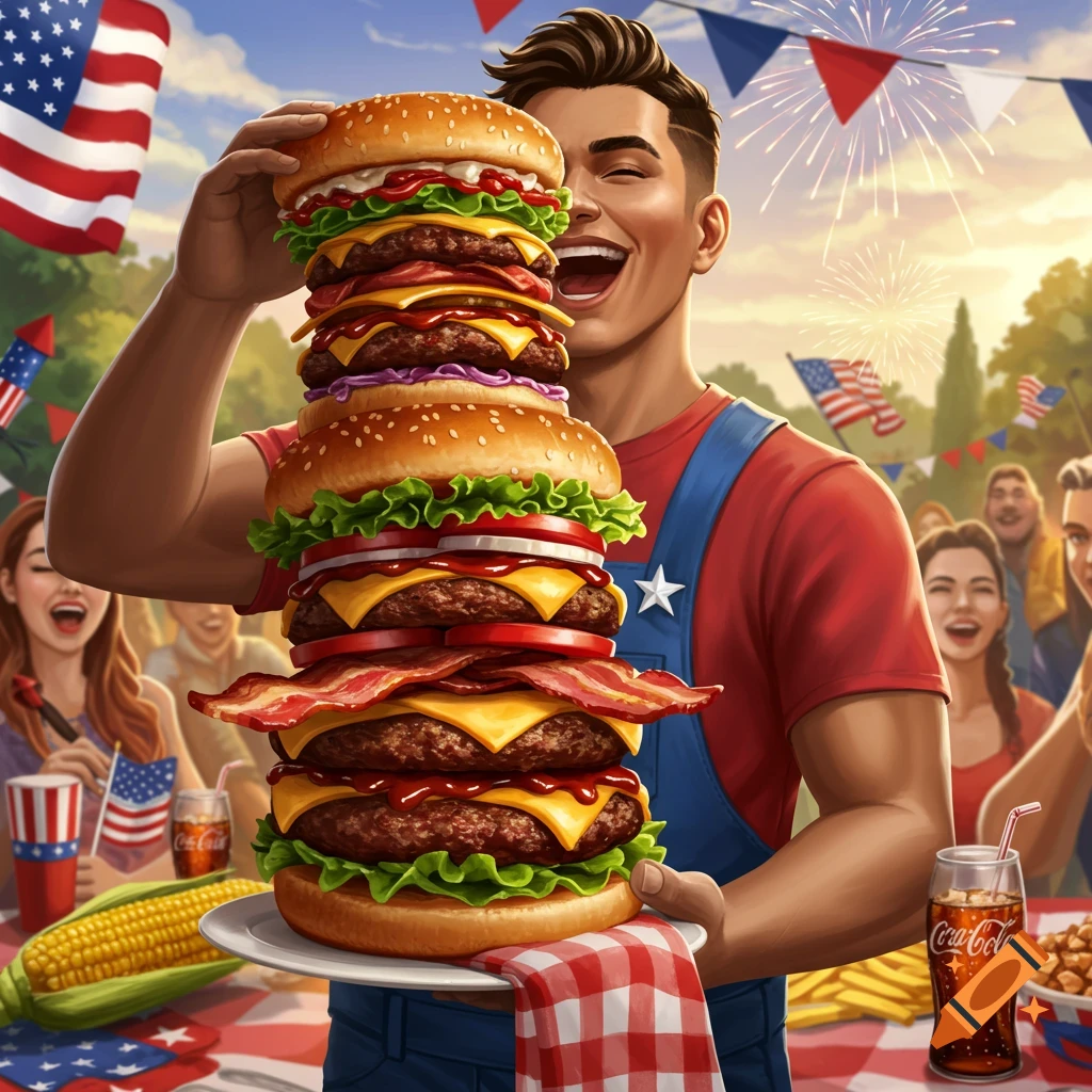 Man joyfully holds a towering burger at an outdoor 4th of July picnic with flags, fireworks, and soda.
