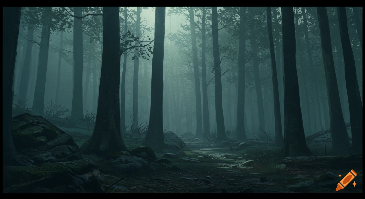 A dark, misty forest at dawn with tall trees and fog, rendered in a cinematic style.