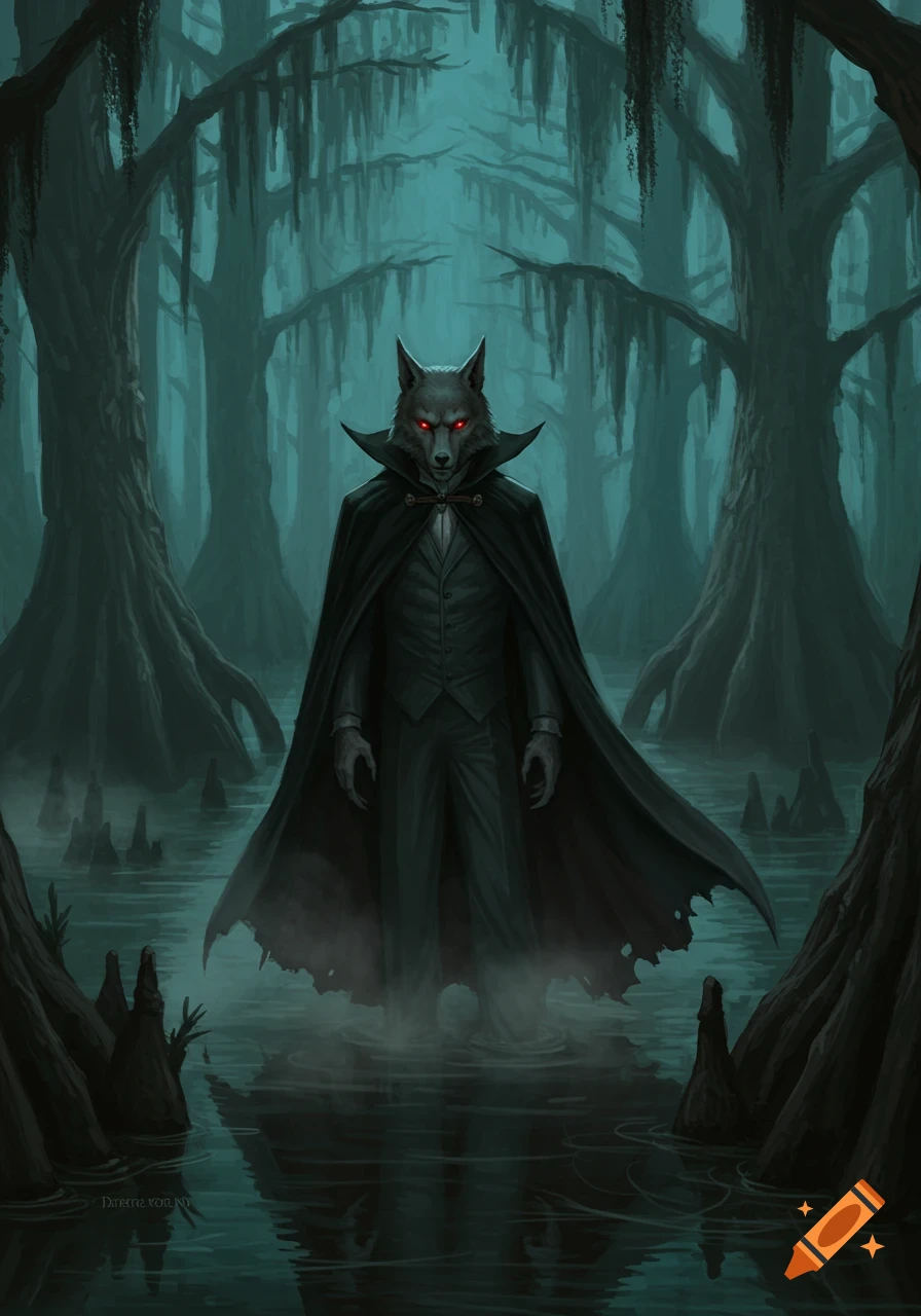 A dark fantasy illustration of a werewolf-like creature with glowing red eyes and a black cape standing in a misty, moonlit swamp.