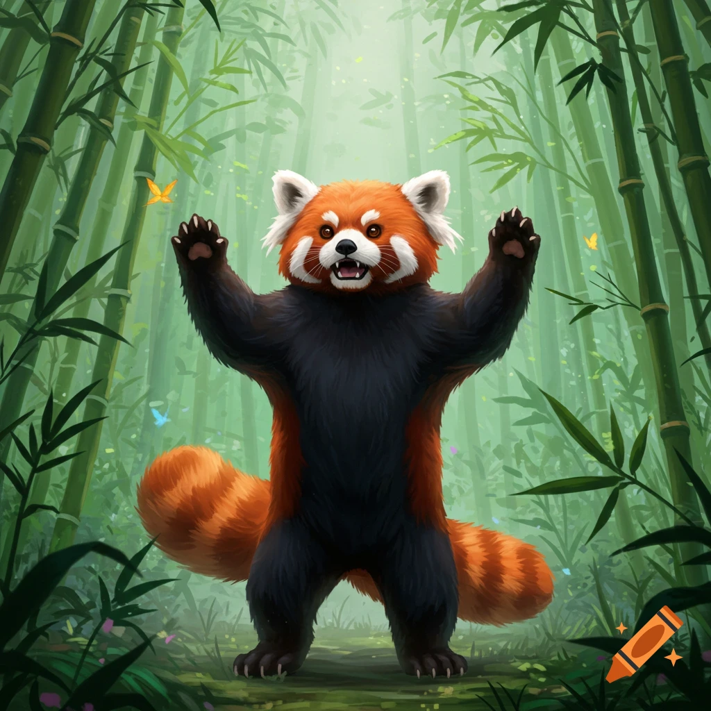 A cute red panda stands on its hind legs with arms raised, mouth open, in a vibrant green bamboo forest.