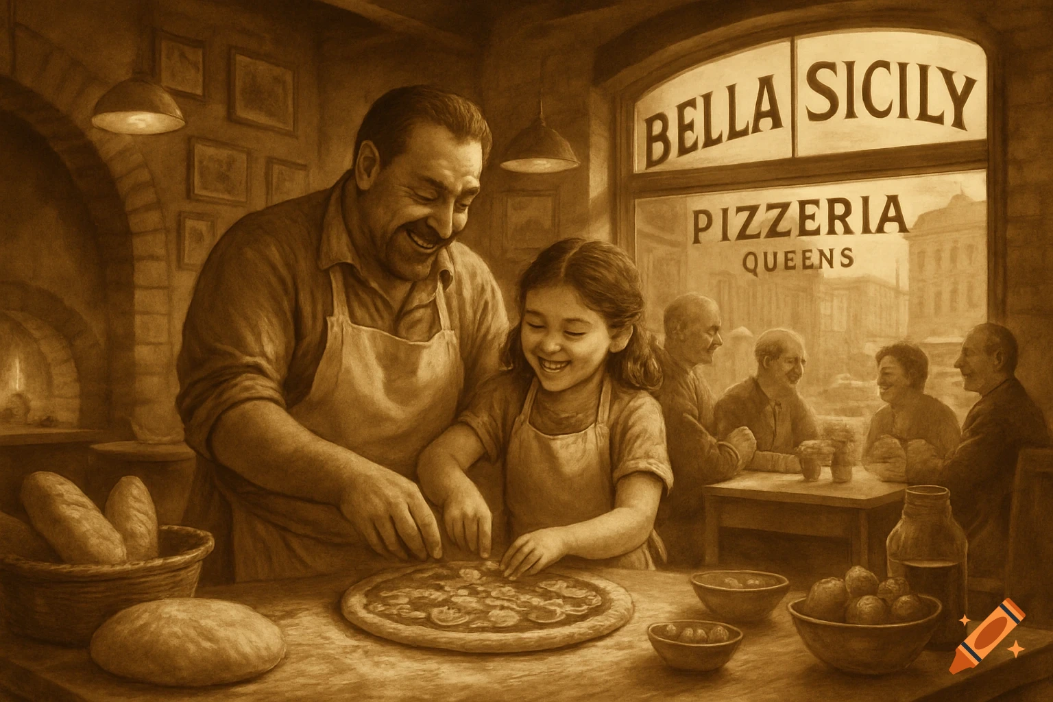A man and a girl happily making pizza in a sepia-toned pizzeria. The shop sign reads "Bella Sicily Pizzeria Queens".