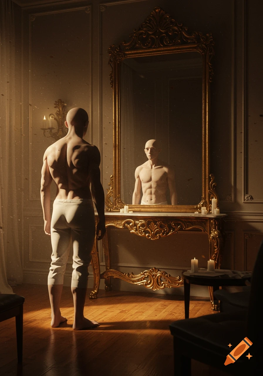 A bald, muscular man in white pants stands with his back to the viewer, looking into an ornate gold mirror in a dimly lit, classical room. His reflection, also bald and muscular with exposed torso, faces forward.