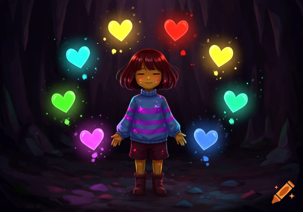 Frisk from Undertale stands in a dark cave surrounded by seven glowing, colorful hearts.
