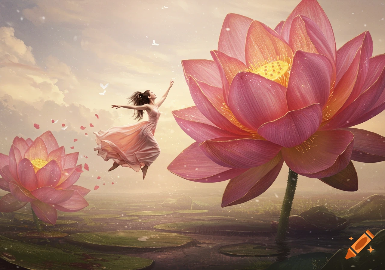 A woman in a flowing peach dress leaps between large pink lotus flowers over a misty lily pad pond under a soft, cloudy sky.
