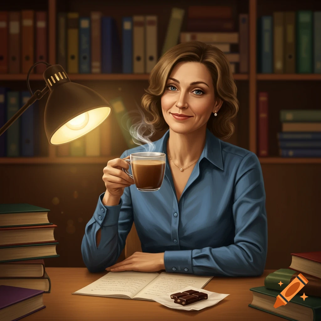 A smiling woman in a blue shirt holds a steaming coffee cup at a desk with books and chocolate in a library.