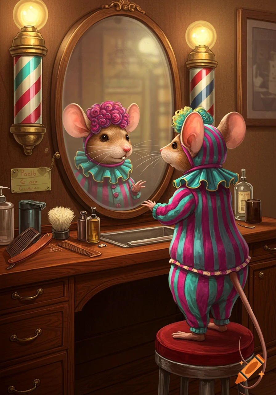 A cartoon mouse in a pink and teal striped costume stands on a stool, looking at its reflection in a barbershop mirror. The mouse in the mirror has a different, curly pink hairstyle.