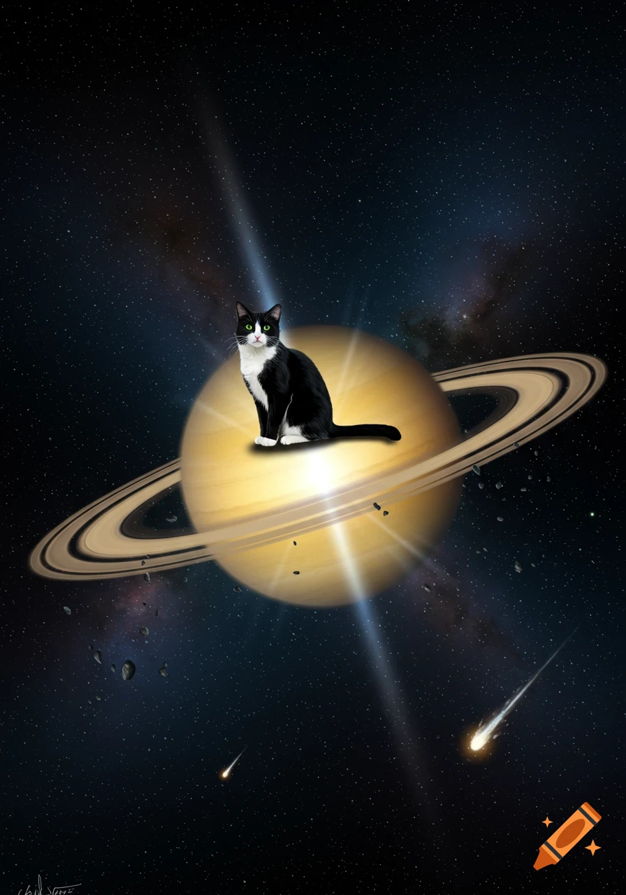 A tuxedo cat with green eyes sits on the planet Saturn, its rings prominent, against a backdrop of stars and comets.