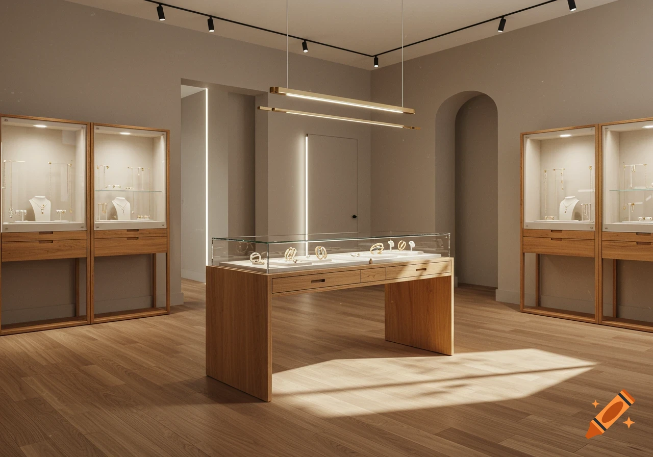 A modern jewelry store interior featuring wooden and glass display cases with jewelry, a central console, and warm lighting.