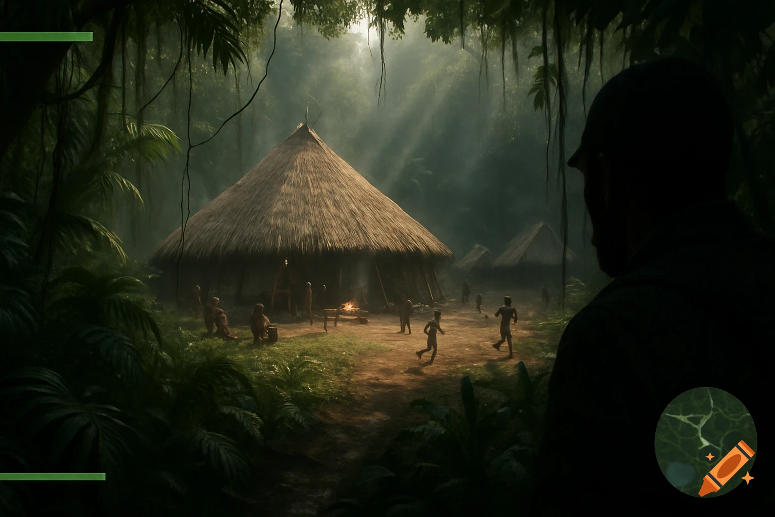 A first-person view of a remote jungle village with thatched huts and people, seen through dense foliage, with game UI elements.