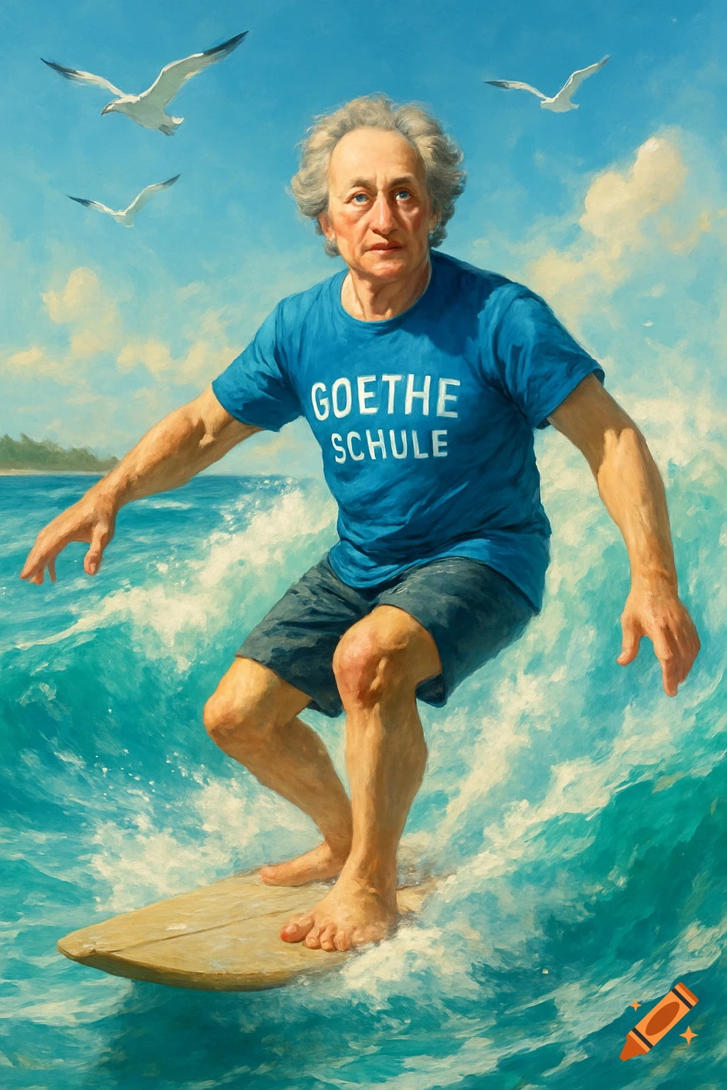 A painterly image of an older man resembling Goethe surfing a wave, wearing a blue 'GOETHE SCHULE' t-shirt, under a blue sky with seagulls.