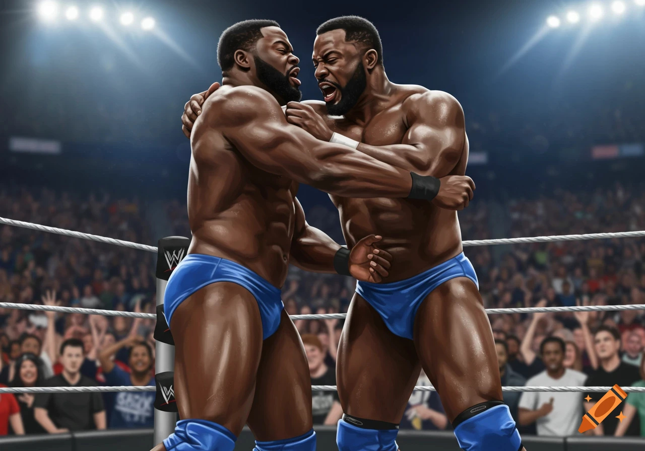 Two muscular black male pro wrestlers in blue speedos grapple in a brightly lit wrestling ring before a cheering crowd.