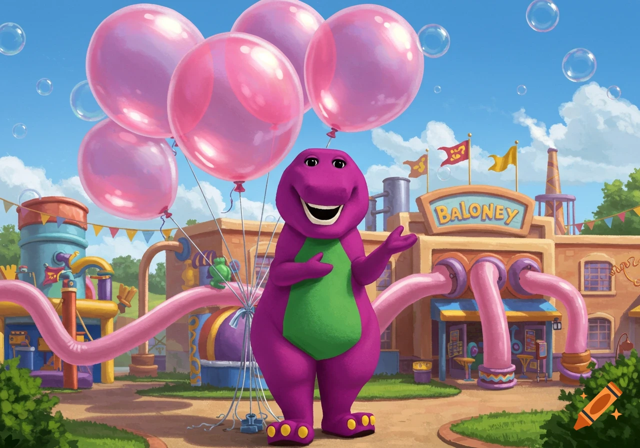 Barney the dinosaur stands smiling in front of a colorful balloon factory, holding a bunch of pink balloons, with bubbles floating.