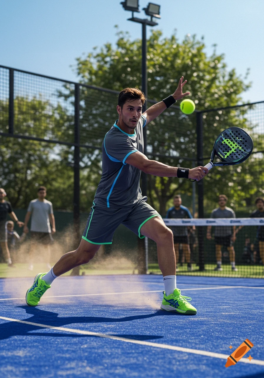 A photorealistic shot of a male padel player lunging forward on a blue court, about to hit a yellow ball with his racket.