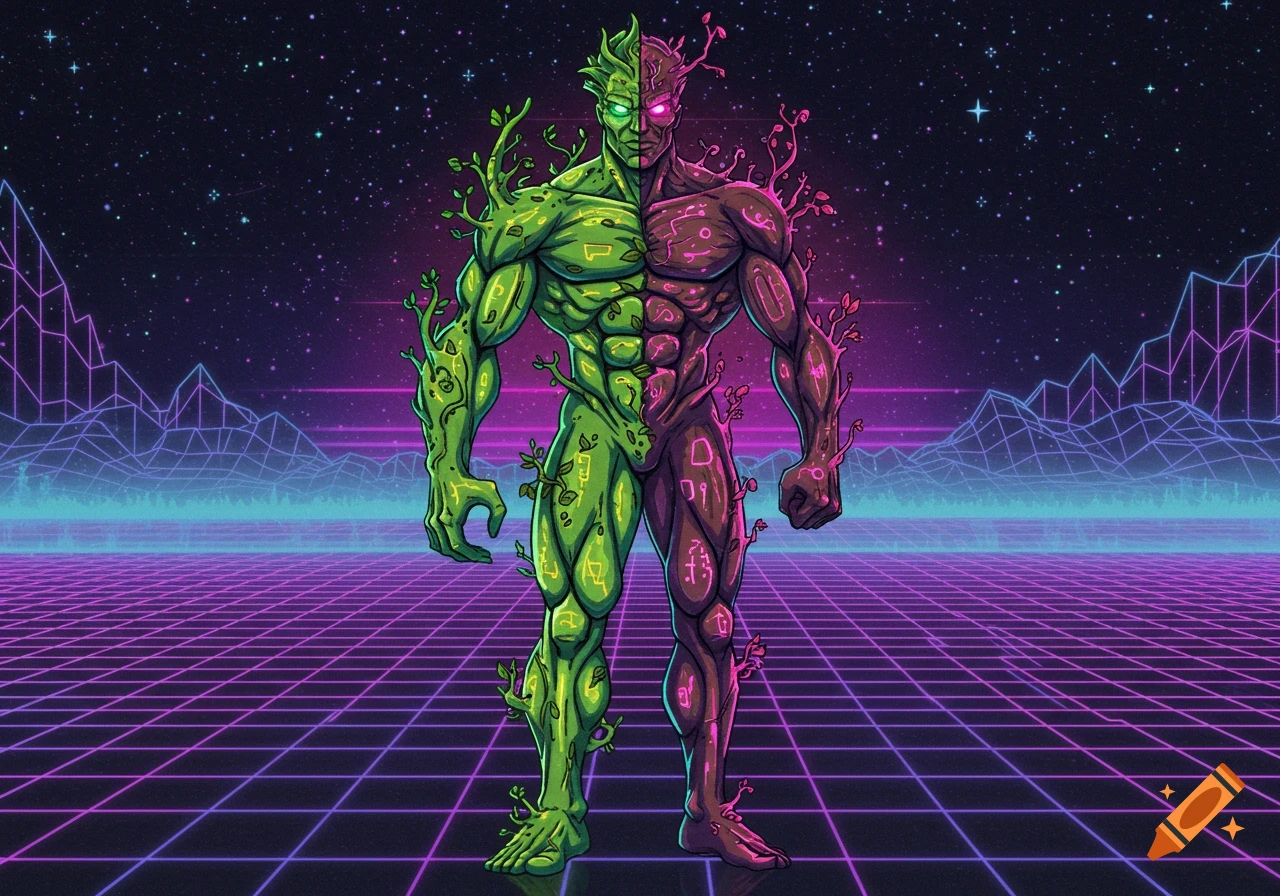 A man split down the middle, one half green and covered in vines, the other half reddish-brown and muscular, stands in a retro synthwave landscape with a grid floor and wireframe mountains.