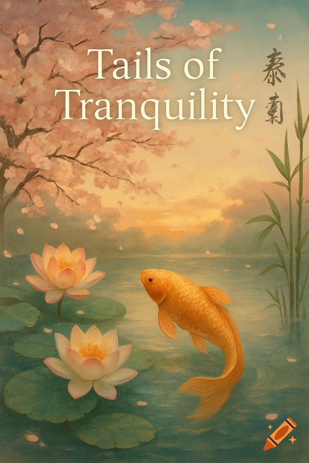 Serene painting of a golden koi fish swimming among pink lotus flowers under a cherry blossom tree, with "Tails of Tranquility" text.