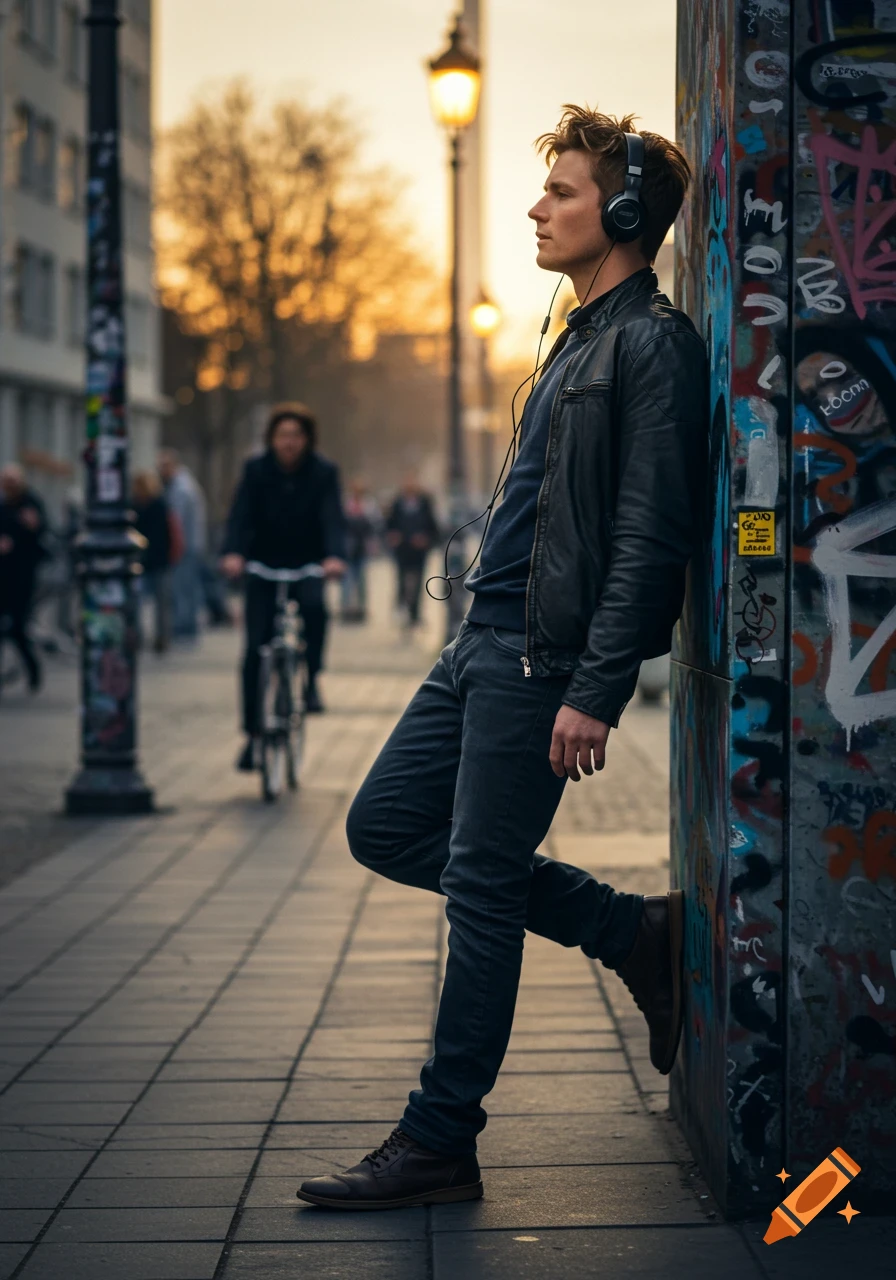 A man in a leather jacket and headphones leans against a graffiti-covered wall on a city street at sunset.