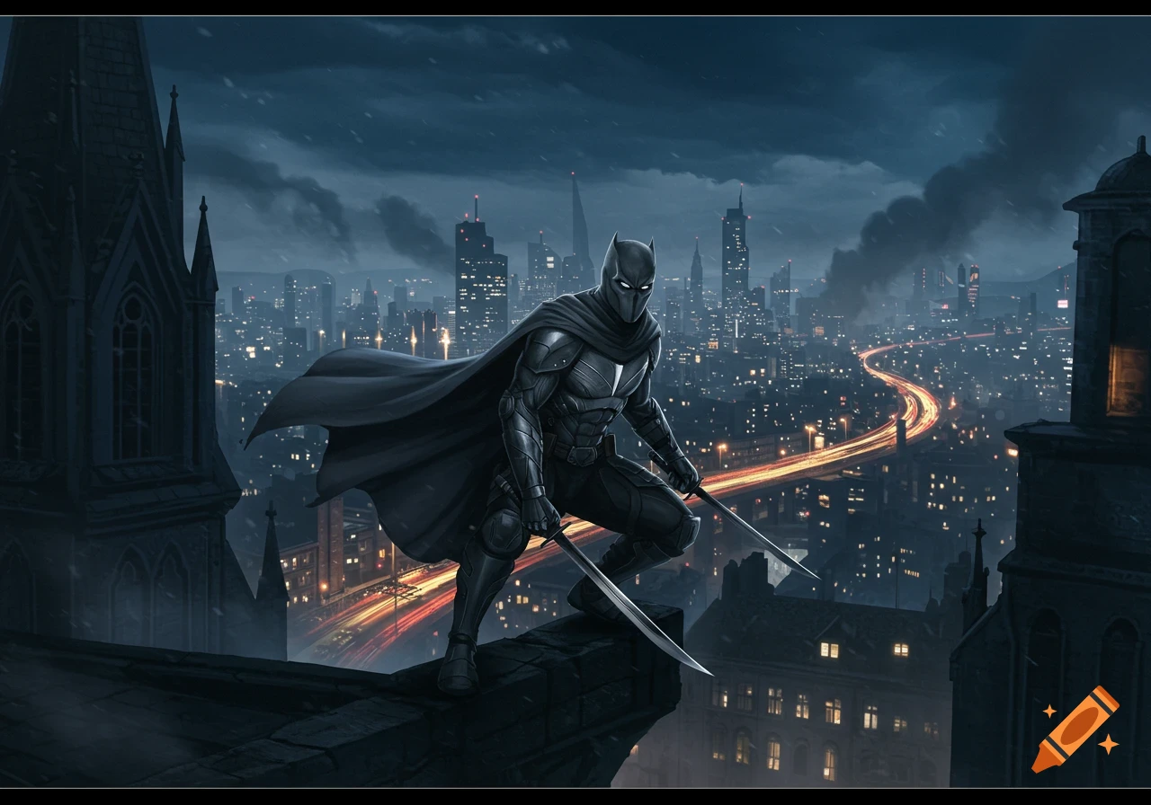 A masked vigilante in a dark suit and cape crouches on a rooftop, holding two swords, overlooking a sprawling city at night. Digital art.