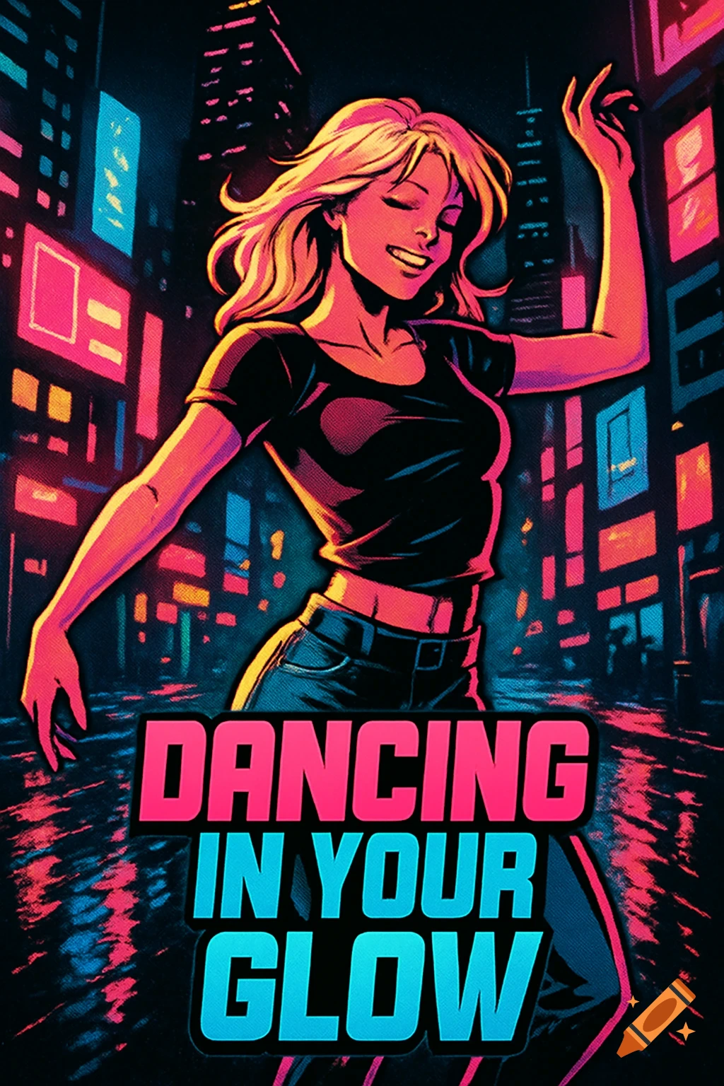 A blonde woman in a comic book style dances happily in a neon-lit city at night with the text 'DANCING IN YOUR GLOW'.